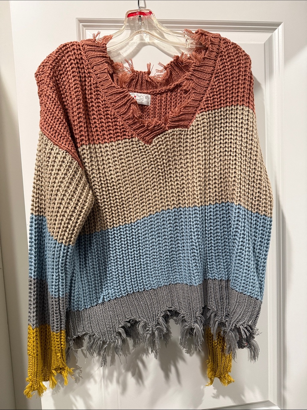 Frayed V-Neck Colorblock Sweater - Rust, Cream & Blue